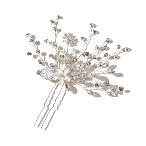 Épingle à cheveux de mariée argentée avec feuilles de cristal et fleurs en alliage