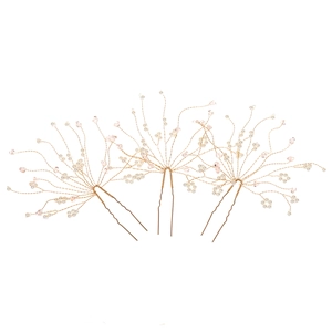 Three-piece bridal hair pin set with pink crystals and pearls on gold-toned U-shape wire