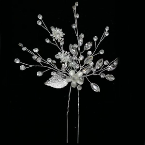 Pic à Cheveux de Mariée en Alliage d'Argent avec Fleur Feuille et Strass Forme de U Accessoire pour Femme