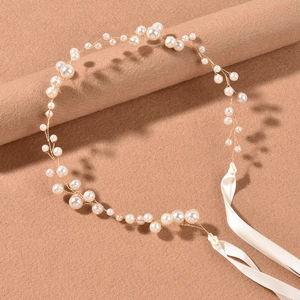 Vite per capelli da sposa con perle, filo d'oro e nastri di raso bianco eleganti