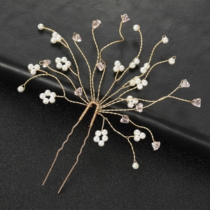 Pink crystal and pearl bridal hair pin with golden wire handmade floral design