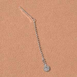Silver rhinestone forehead jewelry hair clip with long tassel and round crystal pendant