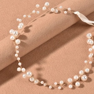 Elegante cerchietto da sposa con perle e filo dorato con nastro bianco per capelli da sposa