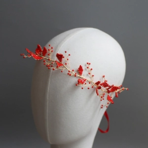 Vigne de Cheveux Fait Main en Perles de Cristal Rouge Alliage d'Or Strass Mariage Mariée Bandeau Ruban de Satin Bijoux de Cheveux Femme