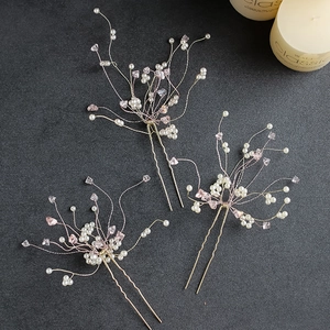 Bridal Wedding Hair Accessories Pink Crystal Faux Artificial Pearl Hairpins Gold Wire Handmade U-Shaped Hair Forks Set Women Jewelry
