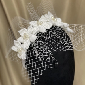White Satin Flower Bridal Veil Headband With Faux Artificial Pearl Mesh French Vintage Wedding Party Hair Accessories For Women