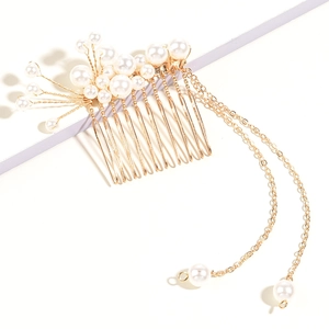 Elegant gold metal hair comb with white faux pearls and delicate tassel chains
