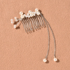 Elegant silver pearl fringe hair comb with hanging chain tassels for wedding hair styling