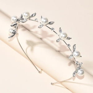 Elegant Alloy Flower Faux Artificial Pearl Bridal Headband Silver Rhinestone Wedding Hair Hoop Princess Birthday Party Hair Accessories