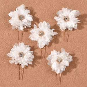 5-piece bridal white mesh flower hair pins with crystals and gold U-shaped metal pins