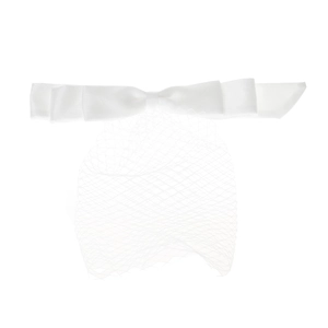 Elegant white satin bow wedding veil headpiece for bridal portraits and minimalist styling