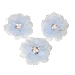 Set of 3 light blue pleated mesh flower hair clips with faux pearls and rhinestones