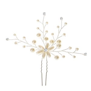 Elegant silver U-shaped bridal hair pin with faux pearls and rhinestones flowers