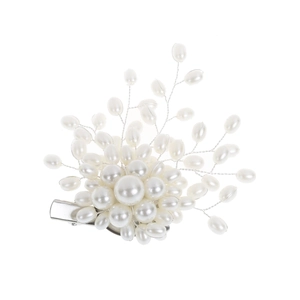 Elegant white pearl hair clip with silver duckbill base for wedding hair styling