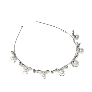 Elegant silver bridal crown headband with white pearls and sparkling crystal flowers