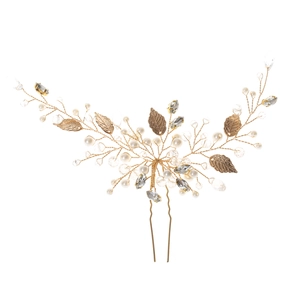 Golden leaf hair pin with white pearls and crystals for elegant bridal wedding hairstyles