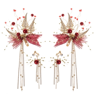 Accessoires Cheveux Mariage Chinois Or Alliage Feuille Künstliche Perle Rouge Gland Barrettes Et Clips d'Oreilles Mariée Bijoux Festifs