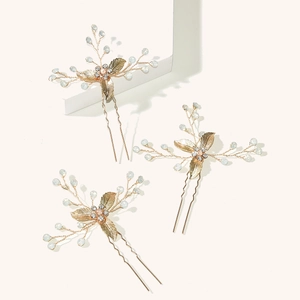 Fourche à Cheveux Mariage Mariée Feuille d'Or Strass Künstliche Perle Tissé à la Main Épingle à Cheveux en U Accessoires Femme