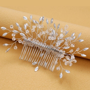 Peigne à cheveux de mariée fait main en argent avec perles de cristal et feuilles de verre