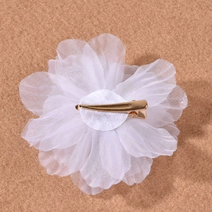 Set of 3 white pleated chiffon flower hair clips with golden metal duckbill clips