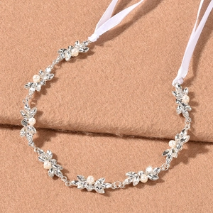 Bandeau Mariée Strass Künstliche Perle Elégant Feuille Florale Chaîne de Cheveux Mariage Avec Ruban Pour Femmes Bijoux de Fête