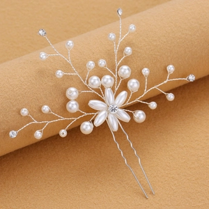 Silver bridal U-shaped hair pin with pearls and rhinestones for wedding hairstyles