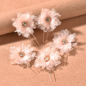 Set of five pink tulle flower hair pins with crystals for bridal and dress accessories