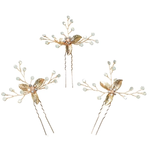 Épingles à cheveux de mariée en U faites à la main avec feuilles dorées et strass brillants