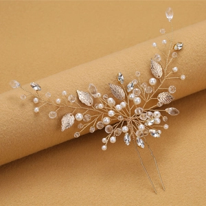 Bridal Artificial Pearl Rhinestone Leaf Hair Pins Gold Silver Alloy Metallic Wedding Hair Accessories For Women Banquet Party