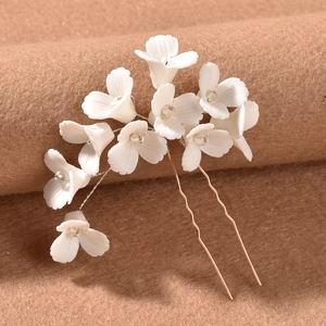 Bridal Flower Hair Pin White 3D Polymer Clay Floral U-Shaped Hair Stick Gold Alloy Wire Wedding Headpiece For Bride Women