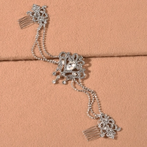 Silver fringe rhinestone hair comb with cascading tassels and waterdrop crystal pendant
