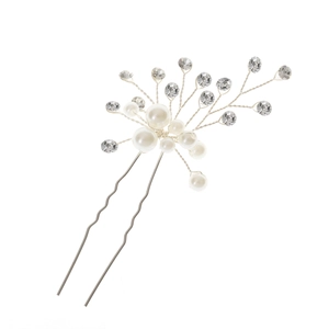 Handmade bridal hair pin with pearls and rhinestones on silver wire for wedding styling