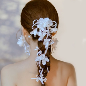 Elegant White Satin Flower Bridal Headwear With Artificial Pearls And Ribbon Handmade Korean Style Wedding Hair Accessories Jewelry