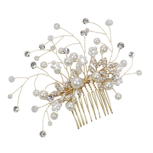 Eleganter Brauthaarkamm mit Golddraht, weißen Perlen und Strasssteinen für Hochzeiten