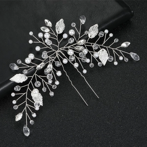 Exquisite bridal hair pin with silver leaves, white pearls and crystal beads
