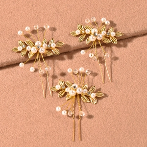 3 Pcs Set Gold Silver Alloy Leaf Artificial Pearl Hair Pins Wedding Bridal Hair Sticks Rhinestone Elegant Hair Accessories For Women