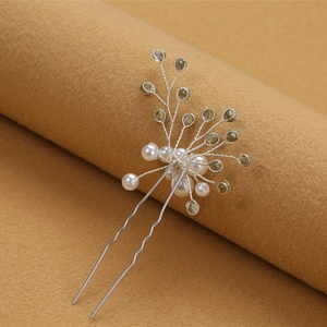 Handmade bridal U-shaped hair pin with white pearls and brown crystals on silver wire