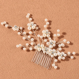 Peigne à Cheveux Mariée Fleurs Künstliche Perles Blanches Fait Main Fil Alliage Argenté Strass Bijoux de Tête Mariage Pour Femmes
