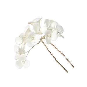 Handmade bridal hair pins set with white 3D flowers and crystal beads on gold pins