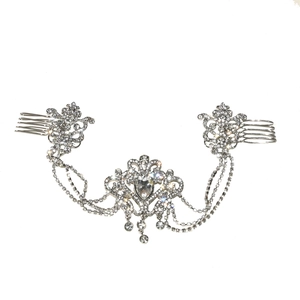 Elegant silver rhinestone forehead hair comb with triple layered dangling chains