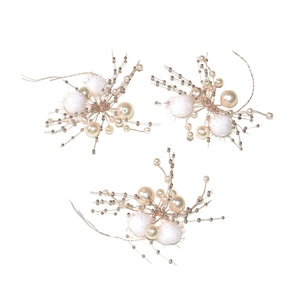 Dreiteiliges Braut-Set mit Roségolddraht, weißen Perlen und Pompons für die Hochzeitsfrisur