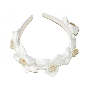 Elegant white satin headband with multiple bows and pearl accents for bridal styling