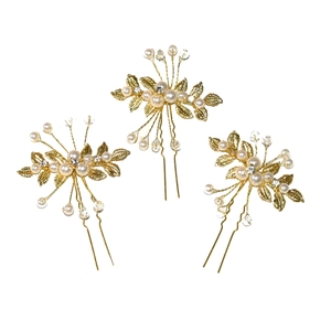 Set of 3 gold bridal hair pins with pearls, crystals, and olive leaf metal design