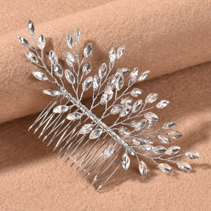 Peigne à cheveux de mariée élégant avec feuilles argentées et strass en cristal clair