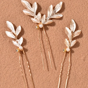 Lot de 3 épingles à cheveux mariage dorées avec feuilles, perles blanches et strass