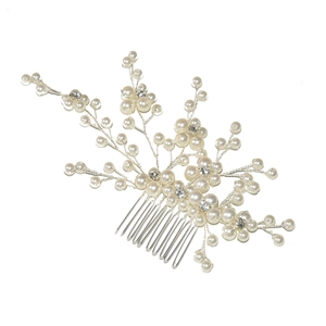 Peigne à cheveux de mariée argenté avec perles blanches et design floral brillant