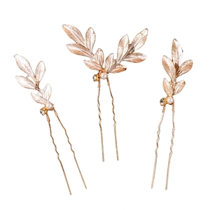 Ensemble de trois épingles à cheveux de mariée feuilles dorées avec perles et strass