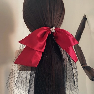 Vintage Wine Red Satin Bow Bridal Hair Clip With Black Mesh Veil Artificial Pearl Rhinestone Elegant Wedding Party Headwear For Women