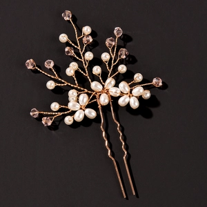 Épingle à Cheveux en U en Fil d'Alliage Doré Faite à la Main Avec Fleur en Cristal Künstliche Perle Rose Blanc Bijoux de Mariée