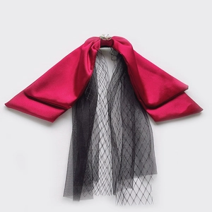 Elegant bridal hair clip with burgundy satin bow, black mesh veil and jewelry detail